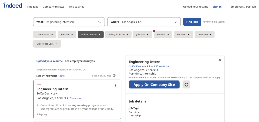 Indeed Search for Engineering Internship