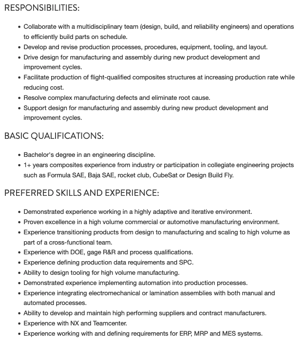 SpaceX - Manufacturing Engineer Job Description