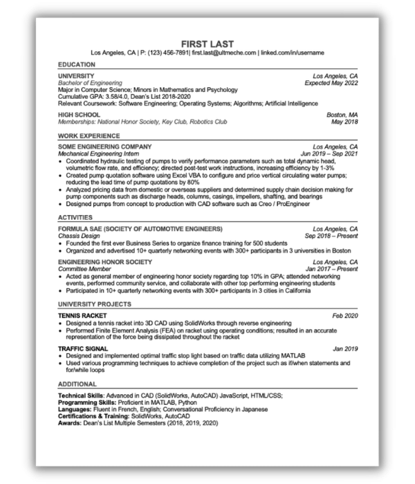 Entry Level Mechanical Engineering Resume Template - Project Example