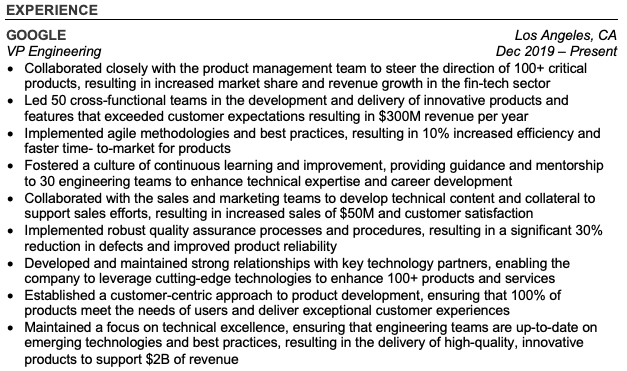 Experience Format - VP Engineering Resume