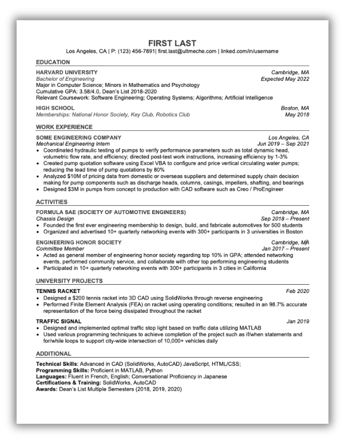 harvard bullet resume template