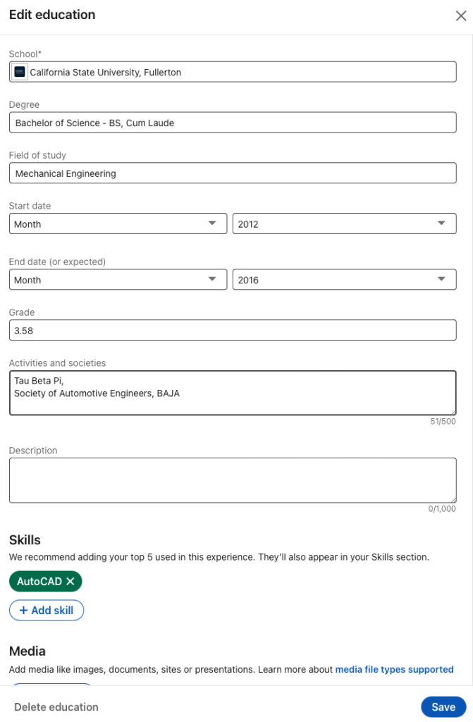 LinkedIn Education Section Form