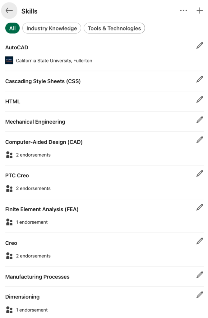 LinkedIn Endorsements - Sample Mechanical Engineering Skillset