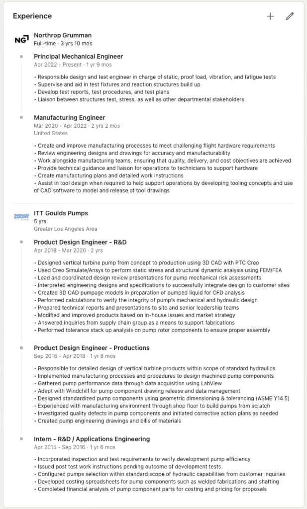 LinkedIn Experience Section - Mechanical Engineer Example