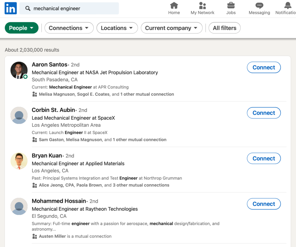 LinkedIn Search - Mechanical Engineer Example