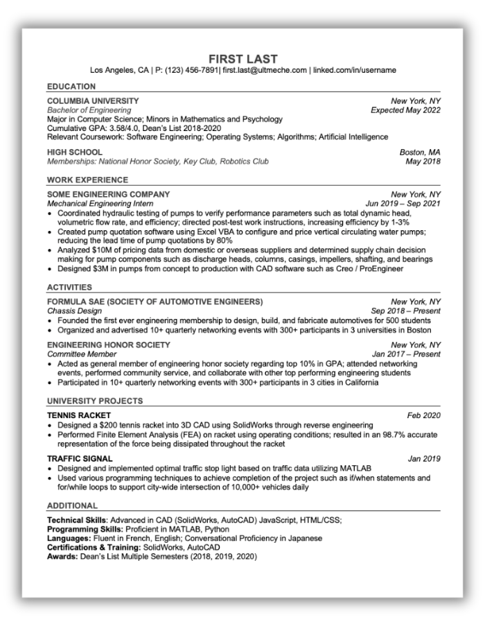 Columbia Resume Template Format Example