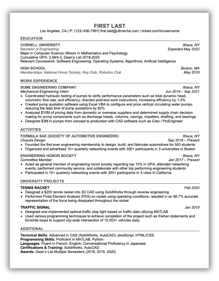 Cornell Resume Template Format Example